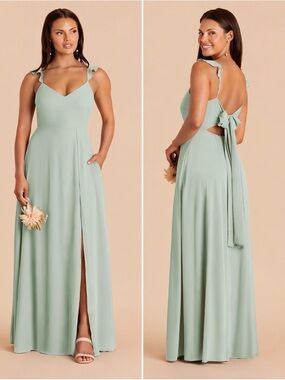 Birdy Grey Doris Dress Sage Chiffon Maxi Bridesmaid Slit Tie Back Size M 6-8 US